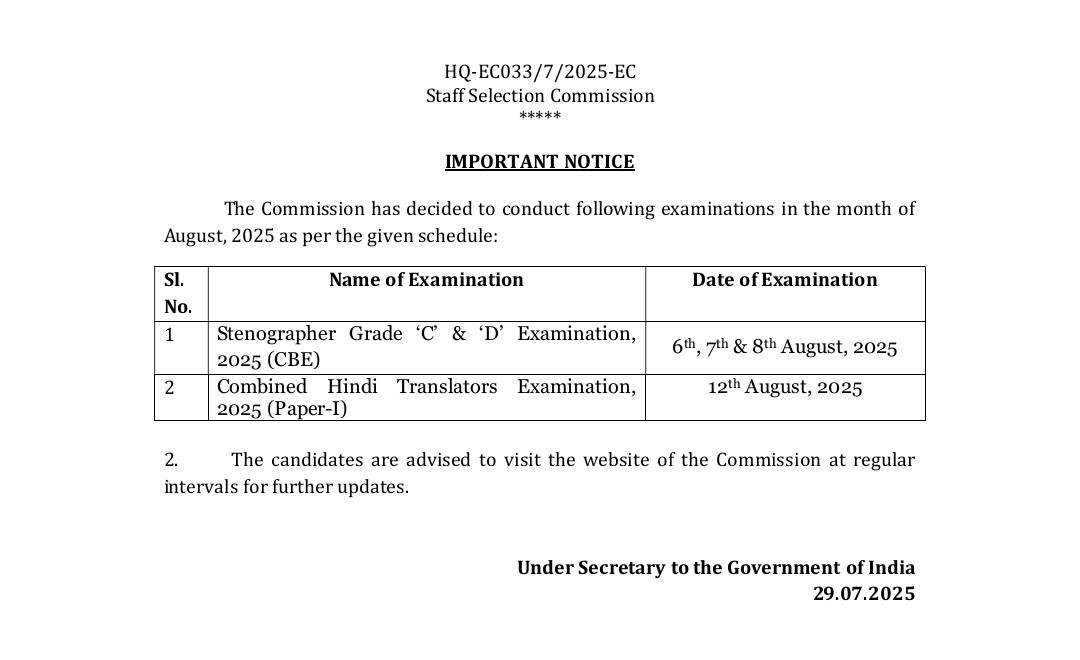 SSC Stenographer Grade C & D Exam Date Notice 2025
